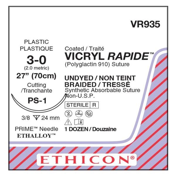 Vicryl Rapide Suture 3-0 27" Polyglactin 910 Braid PS-1 Undyed 12/Bx