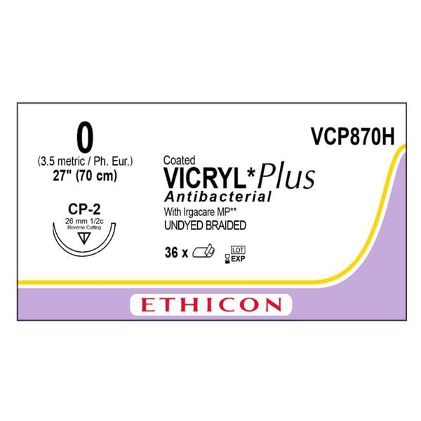 Coated Vicryl Plus Suture 0 27" Triclosan/Polyglactin 910 Braid CP-2 Undyd 36/Bx