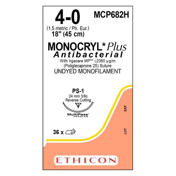 Monocryl Plus Suture 4-0 18" Triclosan/Polyglecaprone 25 Mnflmnt PS1 Undyd 36/Bx