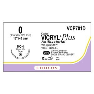 Coated Vicryl Plus Suture 0 18" Triclosan/Polyglactin 910 Braid MO-4 Vio 12/Bx