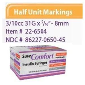 SureComfort Insulin Syringe/Needle 31gx5/16" 0.3cc Conventional LDS 5x100/Ca