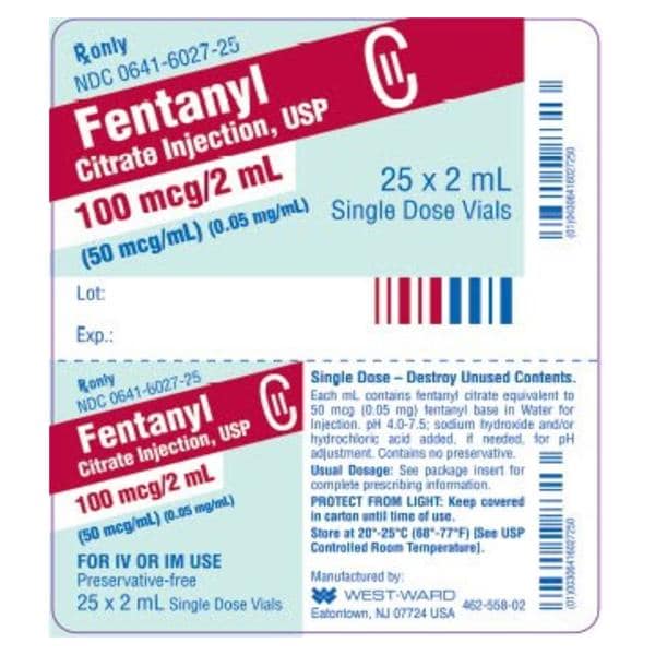 Fentanyl Citrate Injection 50mcg/mL SDV 2mL 25/Package