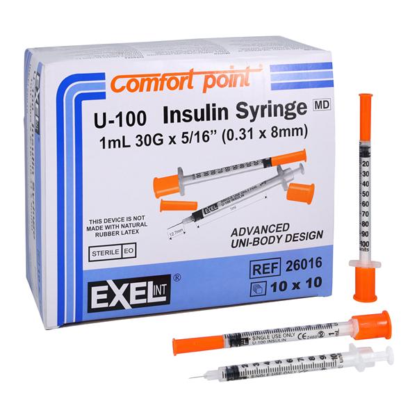 Insulin Syringe/Needle Combo 30gx5/16" 1mL Non-Safety No Dead Space 100/Bx