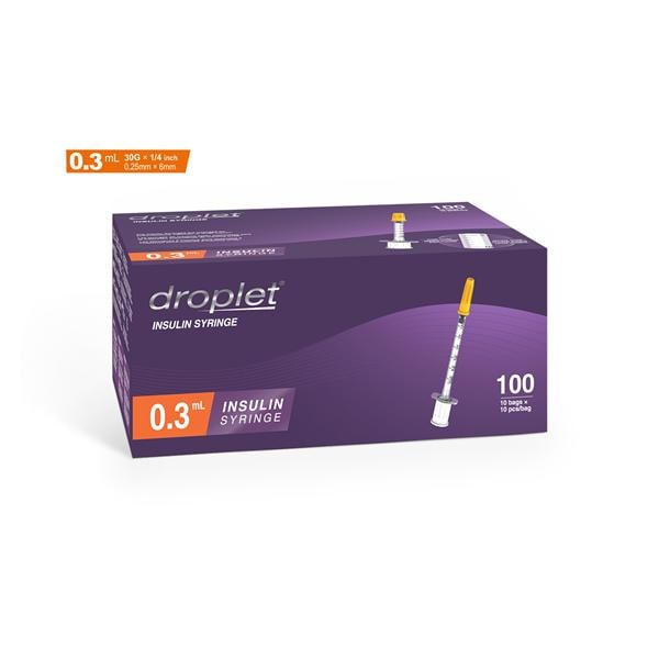 Droplet Insulin Syringe/Needle 31gx6mm 0.3mL Protective Cap LDS 100/Bx