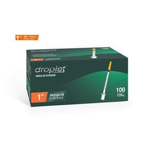 Droplet Insulin Syringe/Needle 30gx8mm 1mL Protective Cap Low Dead Space 100/Bx