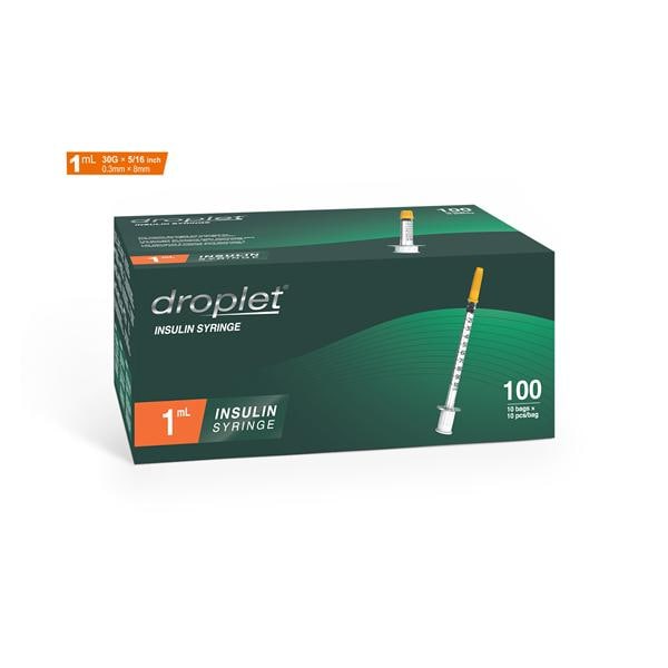 Droplet Insulin Syringe/Needle 30gx8mm 1mL Protective Cap Low Dead Space 100/Bx