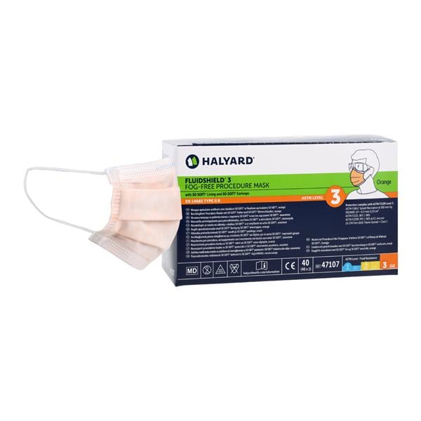 FluidShield Procedure Mask ASTM Level 3 Anti-Fog Orange 40/Bx, 10 BX/CA