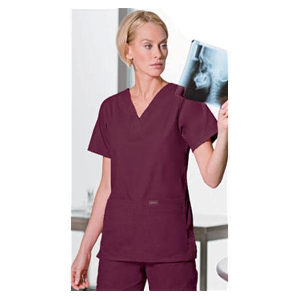 Scrub Shirt V-Neck 4 Pockets Short Sleeves Medium Wine Womens Ea
