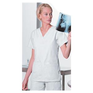 Scrub Shirt V-Neck 4 Pockets Short Sleeves Medium White Womens Ea