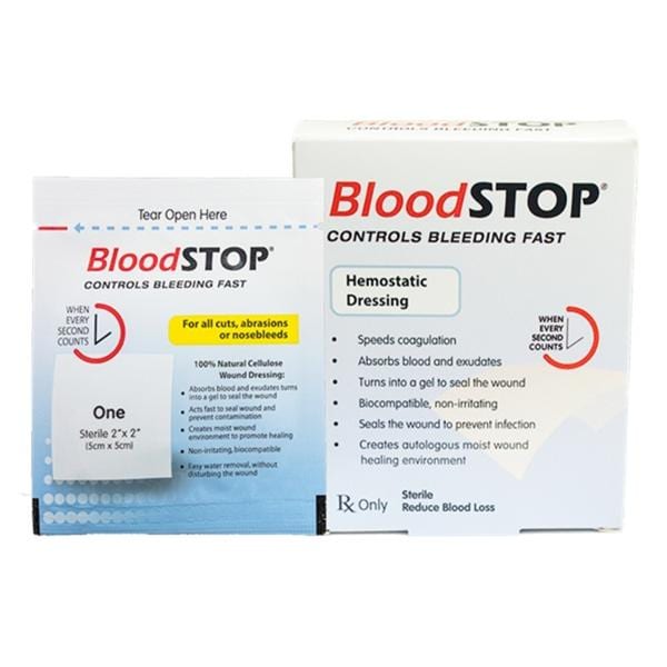 BloodStop Carboxymethyl Cellulose Hemostatic Dressing 2x2" Sterile Adherent LF, 20 BX/CA
