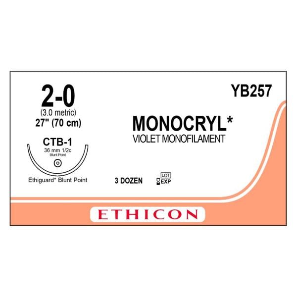 Monocryl Suture 2-0 27" Poliglecaprone 25 Monofilament CTB-1 Violet 12/Bx
