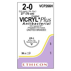 Vicryl Plus Suture 2-0 27" Triclosan/Polyglactin 910 Braid CP-1 Undyed 36/Bx