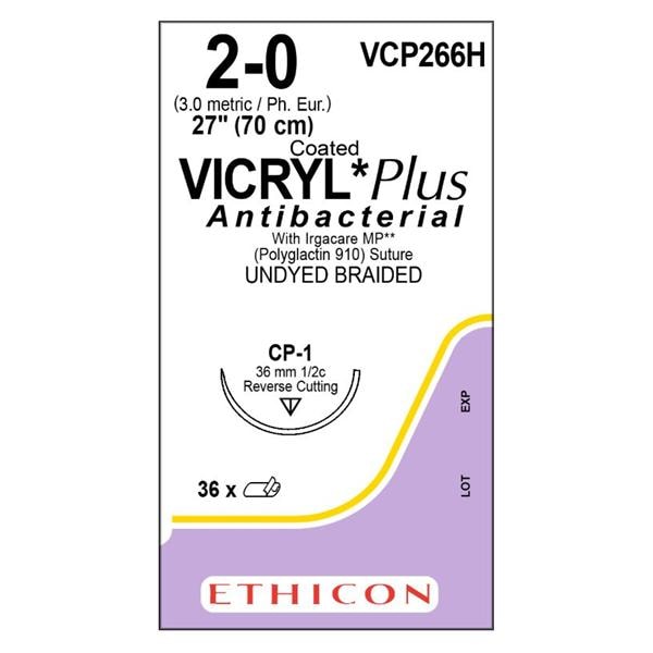 Vicryl Plus Suture 2-0 27" Triclosan/Polyglactin 910 Braid CP-1 Undyed 36/Bx