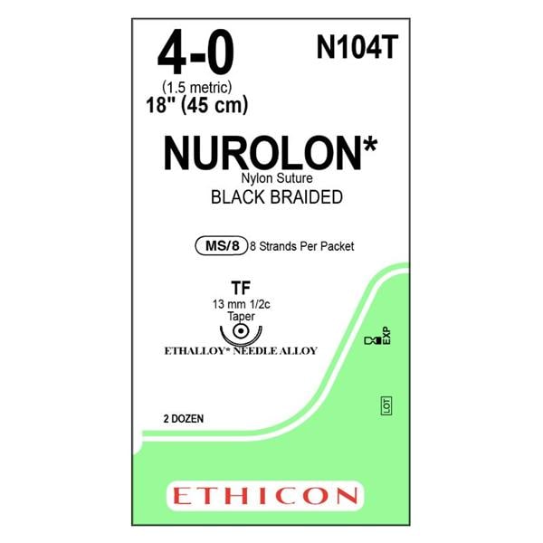 Nurolon Suture 4-0 8-18" Nylon Braid TF Black 24/Bx