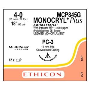 Monocryl Plus Suture 4-0 18" Triclosan/Polyglecaprone 25 Mnflmnt PC3 Undyd 12/Bx
