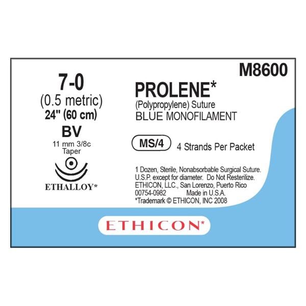 Prolene Suture 7-0 4-24" Polypropylene Monofilament BV/BV Blue 12/Bx