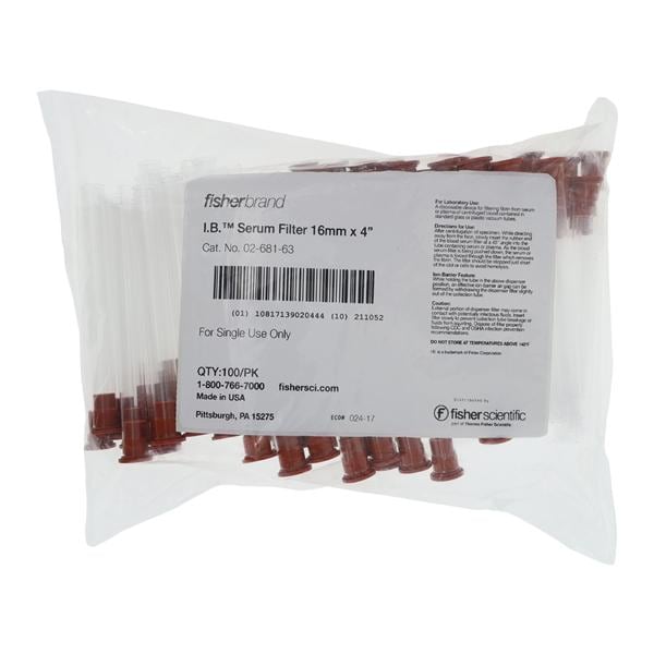 IB Blood Serum Filter For Glass & Plastic Collection Tubes 16mmx4" 100/Pk