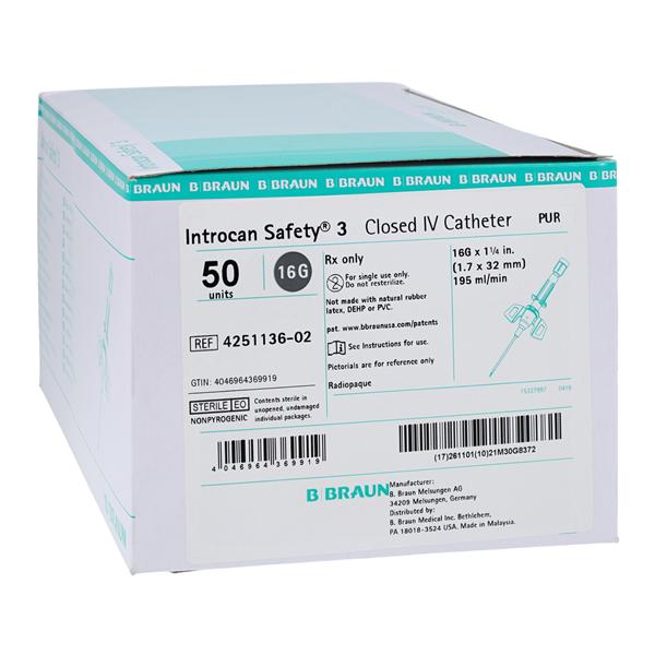 Catheter Cannula Safety 16 Gauge 1.25" 50/Bx