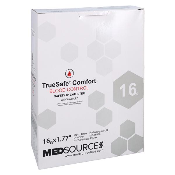 TrueSafe Blood Control IV Catheter Push Button 16 Gauge 1.77" Gray 50/Bx