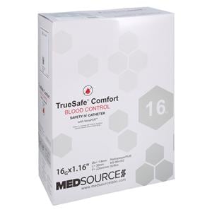 TrueSafe Blood Control IV Catheter Push Button 16 Gauge 1.16" Gray 50/Bx