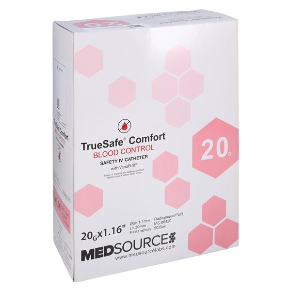 TrueSafe Blood Control IV Catheter Push Button 20 Gauge 1.16" Pink 50/Bx