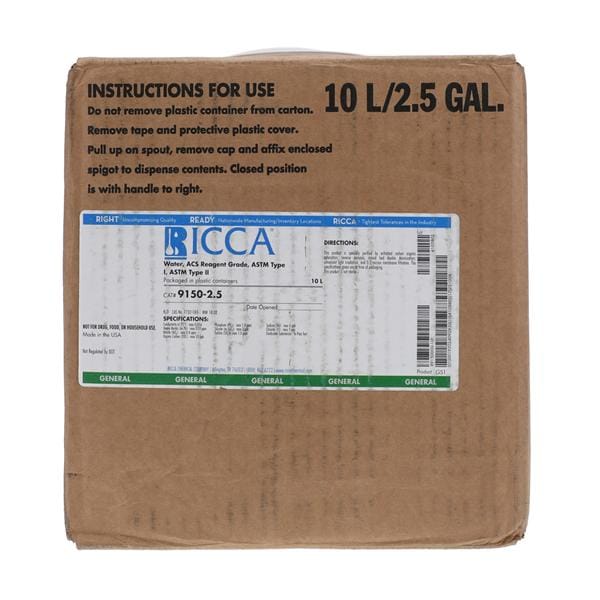Water Deionized 10L Cubitainer Ea