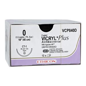 Vicryl Plus Suture 0 8-18" Triclosan/Polyglactin 910 Braid CT-1 Undyed 12/Bx
