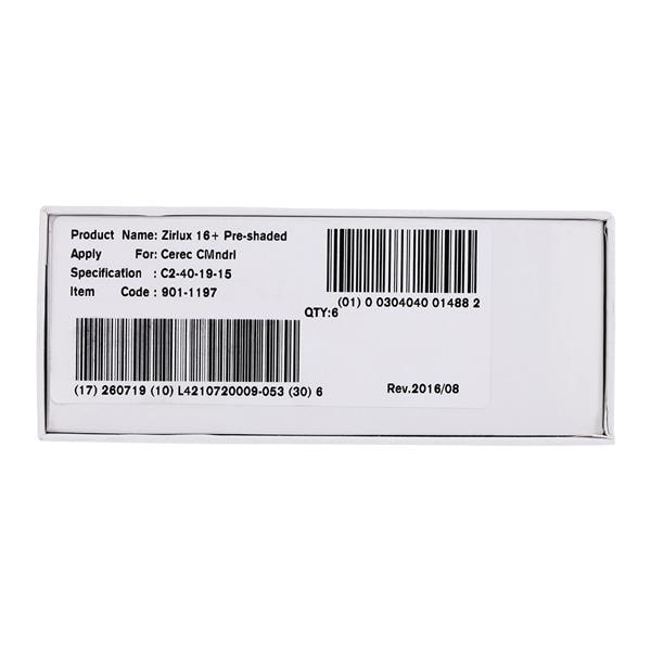 Zirlux 16+ Zirconia Block C2 40x19x15mm 6/PK