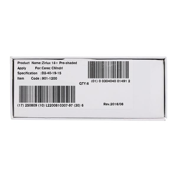 Zirlux 16+ Zirconia Block D2 40x19x15mm 6/PK