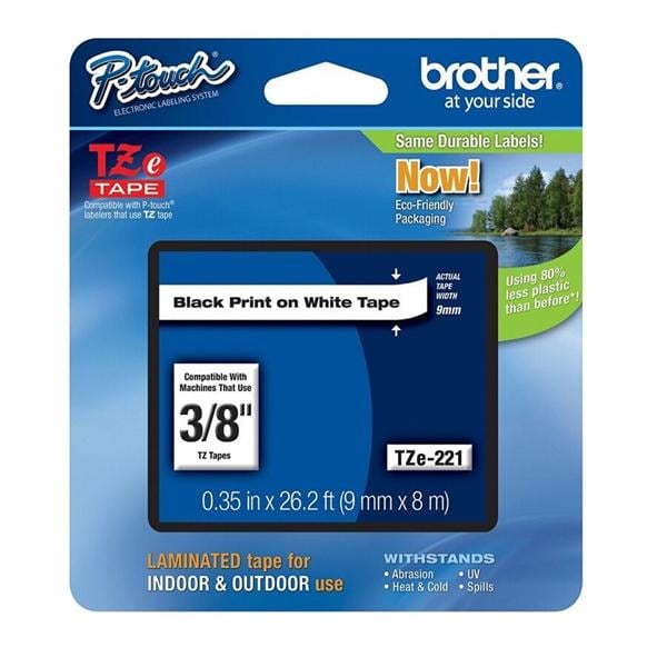 Brother TZe-221 Black-On-White Tape 3/8 in x 26.2 ft 1/PK