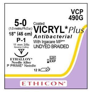 Vicryl Plus Suture 5-0 18" Triclosan/Polyglactin 910 Braid P-1 Undyed 12/Bx