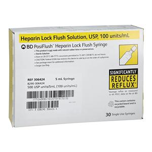 Heparin Lock Flush IV Flush Solution 100u/mL PF Prefilled Syringe 5mL 30/Package, 16 BX/CA