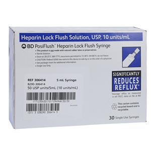 Heparin Lock Flush IV Flush Solution 10u/mL Prefilled Syringe 5mL 30/Package, 16 BX/CA